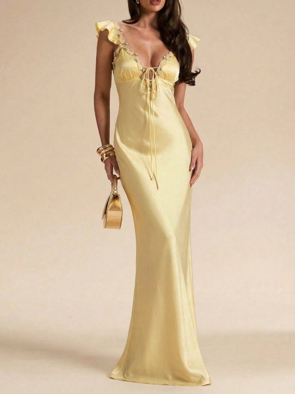 Light Yellow Mermaid Women's Floral strap Details Maxi Dress